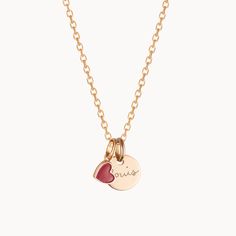 Cherish a neverending love story with our Personalized Valentines Disc Necklace: a meaningful gift full of heart. Each necklace features a mini red heart charm to symbolize love and affection, and a shiny disc to hand engrave with special names and dates. Both charms move freely along the Merci Maman necklace chain.18K Champagne Gold Plated or 925 Sterling SilverMini flat disc: 0.4 Diameter, 0.02 ThicknessMini Red Lacquer Heart: 0.25 x 0.21Secure clasp fasteningCharms are removable from this cha Valentine's Day Birthstone Charm Necklace Keepsake, Valentine's Day Keepsake Birthstone Charm Necklace, Rose Gold Charms For Valentine's Day, Personalized Rose Gold Charms For Valentine's Day, Valentine's Day Engraved Charm Necklace Keepsake, Engraved Charm Necklace For Valentine's Day Keepsake, Personalized Red Jewelry For Keepsake, Personalized Red Keepsake Jewelry, Personalized Red Jewelry For Anniversary Gift