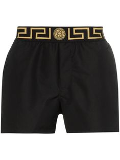 Versace Greca-print Swim Shorts - Farfetch Versace Swimsuit, Versace Outfit, Mens Swim Shorts, Printed Swim, Comfy Fits, Overall Shorts, Board Shorts, Swim Shorts, Classic Black