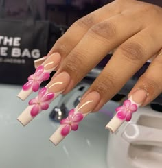 Flower Charm Acrylic Nails, Aura Nails With Hibiscus Flowers, Pink Aura Nails With Flowers, Nails With 3d Flowers Charms, Pink Flower Charm Nails, Gem Nails, Acrylic Nails Coffin Short