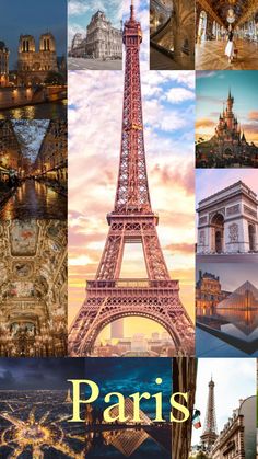 the eiffel tower is surrounded by many different pictures and text that says paris