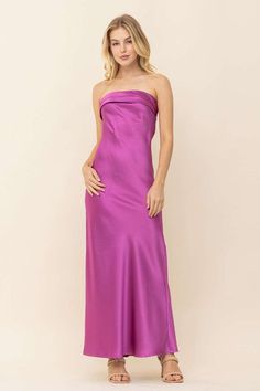 magenta satin strapless maxi dress with foldover detailing & open back! -model is wearing a small -materials: 100% polyester Satin Midi Dress Outfit, Magenta Prom Dress, Dress Outfits Party, Midi Dress Outfit, Magenta Dress, Skirt Lining, Satin Dress Long, Strapless Midi Dress, Satin Prom Dress