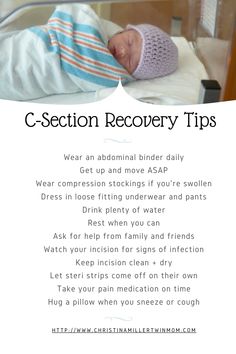 a baby laying on top of a bed next to a white sign that says c - section recovery tips