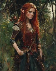 a painting of a woman with red hair and horns in a forest wearing a costume