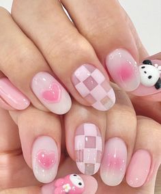 Cinnamon Roll Nails Sanrio, Kawaii Short Nails, Nail Art For Kids, Cute Pink Nails, Asian Nails, Cute Simple Nails, Plaid Nails, Simple Gel Nails