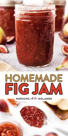 homemade fig jam in a jar with spoons