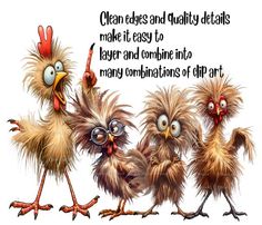 three chickens are standing next to each other and one is saying, clean edges and quality details make it easy to layer and combine into many combinations of clip art