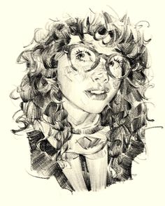 a drawing of a woman with curly hair and glasses