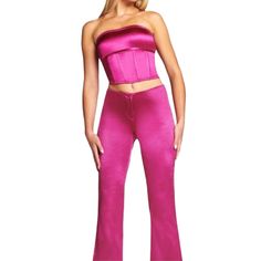 Super Iconic Never Worn Hot Pink Satin Pants From I Am Gia. In A Size Small. Super Iconic Perfect For A Night Out! #Silk #Jadedlondon #Statementpants #Y2k #Satin #Revolve Solid Color Fitted Wide Leg Sets, Fitted Wide Leg Solid Color Sets, Fitted Solid Color Wide Leg Sets, Fitted Solid Color Trousers Sets, Fitted Sets With Straight Pants, Fitted Satin Loungewear Sets, Fitted Solid Color Sets With Straight Pants, Pink Stretch Satin Bottoms, Spring High Waist Fitted Pant Set