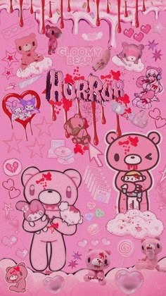 a pink background with many stickers and hearts on the bottom, including teddy bears