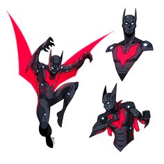 three different poses of the same character in an action pose with red and black colors