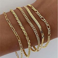 5pcs Classical 14k Gold Plated Stainless Steel Material Waterproof Tarnish Resistant Twisted, Snake & Beaded Chain Bracelet Set Size: 6 Inches Plus 2 Inch Extender Bracelet Pack, Gold Bracelet Set, Real Gold Jewelry, Gold Jewelry Sets, Gold Bracelet For Women, Gold Bracelets, Fashion Jewelry Sets, Minimalist Bracelet, Hand Jewelry