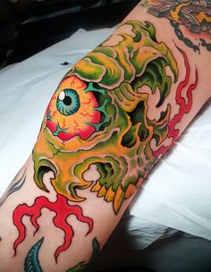 a man's arm with tattoos on it and an eyeball in the center