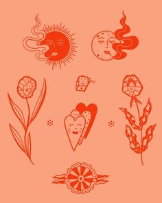 an orange background with different designs and colors on the bottom right corner is a drawing of sun, moon, flowers, and hearts