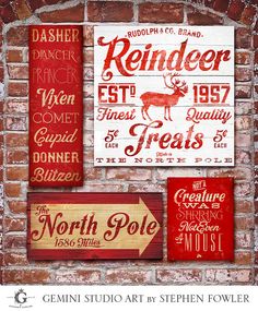 some red and white signs are hanging on a brick wall with the words north pole painted on them