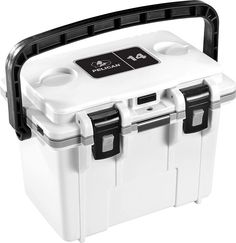 a white and black cooler with two handles