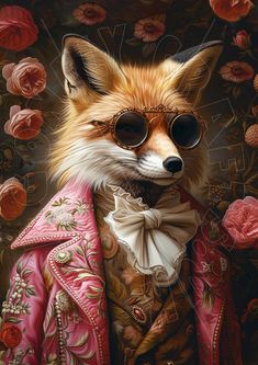 a painting of a fox wearing sunglasses and a pink jacket with flowers in the background