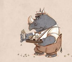 a drawing of a rhino holding a tray with food in it's paws and wearing a crown