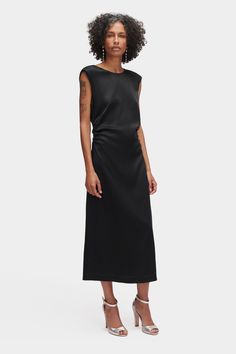 Classic LBD from NYC-based desiger Rachel Comey. Wear this satin midi length dress to your next chic cocktail party! Holiday Shift Dress, Chic Cocktail Party, Rachel Comey Dress, Burgundy Cocktail Dress, Knit Denim, Knit Bottom, Acid Wash Denim, One Clothing, Sleeveless Shift Dress