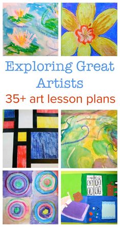 the cover of an art lesson for kids with pictures of flowers and water lilies