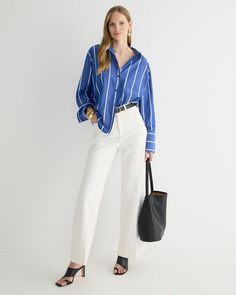 Wide-leg denim trouser in white | J.Crew US J Crew Vintage, Spring 23, Classic Style Outfits, Cotton Poplin Shirt, Button Fly Jeans, Menswear Inspired, Poplin Shirt