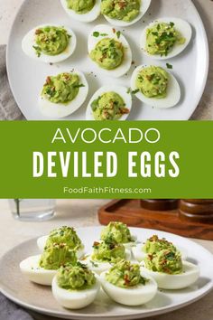 deviled eggs with guacamole and other toppings on a white plate