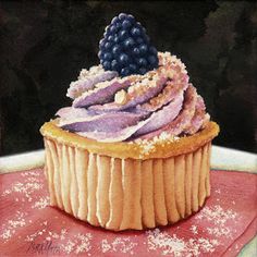 a painting of a cupcake with blueberries on top