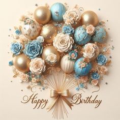 a bouquet of blue and gold flowers on top of a white background with the words happy birthday