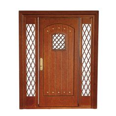 a wooden door with lattice design on the side