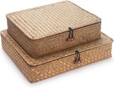 two wicker boxes sitting side by side on top of each other