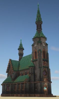 a very large building with a clock on it's face and green roofing