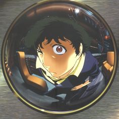 an anime character is reflected in a mirror on the wall behind him are two other characters