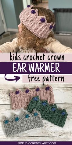 two crocheted ear warmers with text that reads kids crochet crown ear warmer free pattern