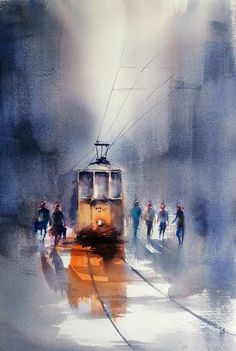 a watercolor painting of people walking on the street next to a trolley car in an urban area