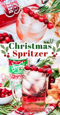 a christmas spritzer with cranberries and rosemary garnish