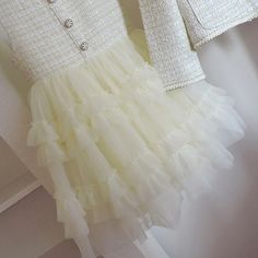 Elegant Tweed Jacket and Tutu Dress Set - Momorii Cream Long Sleeve Tweed Dress For Spring, White Long Sleeve Tweed Dress For Party, Elegant Spring Tweed Dress With Ruffles, Timeless Outfits, Ideal Customer, Spring Season, Tutu Dress, Tweed Jacket, Little Princess