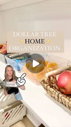 the dollar tree home organization video is shown with an image of a woman in front of her kitchen counter