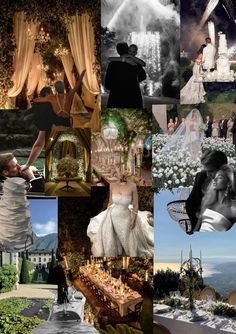 a collage of wedding photos with the bride and groom surrounded by flowers, trees, and fireworks