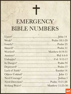 an old paper with the words emergency bible numbers on it