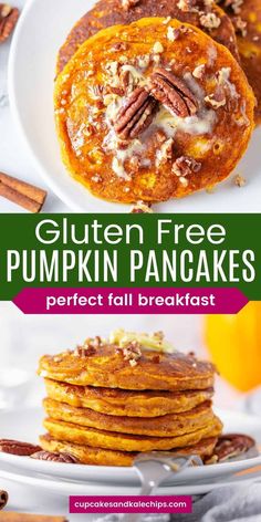 gluten - free pumpkin pancakes with pecans on top and the words, perfect fall breakfast