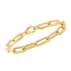 Phillip Gavriel "Italian Cable" 14kt Yellow Gold Paper Clip Link Bracelet. 7.25". Each piece of Phillip Gavriel jewelry is uniquely personal and tells a story from his experiences. With roots in Florence, Italy, the designer also pays homage to his heritage and love for Renaissance design. From the "Italian Cable" collection, this ultra-sleek paper clip link bracelet alternates between glossy and twisted links in high-polished 14kt yellow gold. It's a perfect finishing touch to any sophisticated Engraved Yellow Gold Link Bracelets, Timeless Yellow Gold Rectangular Bracelets, Engraved Link Yellow Gold Bracelet, Engraved Yellow Gold Link Bracelet, Engraved Yellow Gold Plated Chain Bracelet, Yellow Gold Jewelry With Jubilee Bracelet And Rectangular Shape, Anniversary Yellow Gold Chain Bracelet, Engraved Yellow Gold Oval Link Chain Bracelet, Formal Gold-tone Paperclip Jubilee Bracelet