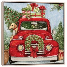 a painting of a dog sitting on the hood of a red truck decorated with christmas presents