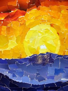 the sun is shining brightly in this colorful mosaic art piece, which features blue and yellow colors