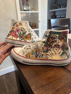 hand-painted, custom sneakers, acrylic painting on canvas-sneakers. unique, one of a kind design and artwork, specially designed.  - please specify shoes size when placing an order with me.  - high top vs Standard. please specify.  - I will order the sneakers and begin painting once arrived.  - please provide 2-3 weeks for me to order, paint, and ship the shoes back to you.   ABSOLUTELY NO RETURNS AND NO EXCHANGES. Painted High Tops, Custom Painted Converse, Personalized Sneakers, Start Painting, Hand Painted Shoes, Sneakers Athletic, Diy Clothing, New Sneakers, Painted Shoes