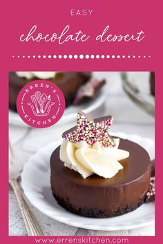 a chocolate dessert with sprinkles is on a white plate and has the words easy chocolate dessert above it