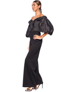 This off shoulder top features a fitted bodice with a cropped silhouette and statement-making puffed sleeves. Sweetheart neckline Lined Side zip fastening 82% polyester, 18% silk Dry clean only Fitted Party Blouse With Structured Shoulders, Chic Evening Blouse With Gathered Sleeves, Fitted Blouse With Gathered Sleeves For Evening, Fitted Blouse With Structured Shoulders For Party, Glamorous Satin Crop Top For Evening, Elegant Satin Crop Top For Party, Elegant Satin Crop Top For Evening, Elegant Cropped Blouse For Party, Fitted Strapless Off-shoulder Top For Evening