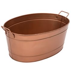 a large round metal tub with handles on the side and bottom, is shown against a white background