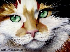 a painting of a cat with green eyes