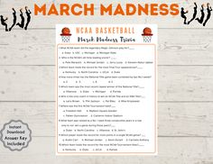 an orange and white march madness game is shown on a wooden background with people around it