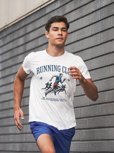 Join the movement with the 'Running Club' Tee, designed for those who find joy in the rhythm of their strides. Featuring a dynamic image of a group of runners in motion, this tee is perfect for runners of all levels. Whether you're training for a marathon or enjoying a casual jog, this stylish and comfortable shirt will keep you inspired and connected to the running community. Celebrate your passion for running and the camaraderie it brings with this statement piece that encourages you to keep moving forward, mile after mile. This classic unisex jersey short sleeve tee fits like a well-loved favorite. Soft cotton and quality print make users fall in love with it over and over again. These t-shirts have-ribbed knit collars to bolster shaping. The shoulders are tapered for a better fit over Graphic Print Crew Neck Tops For Running, Short Sleeve Graphic Print Tops For Running, Cotton Crew Neck Tops For Running, White Graphic Print T-shirt For Running, Moisture-wicking Cotton Graphic Tee, Cotton Graphic Tee With Moisture-wicking, Cotton Short Sleeve T-shirt For Running, Sports Cotton Shirt With Sublimation Print, Cotton Sports Shirt With Sublimation Print