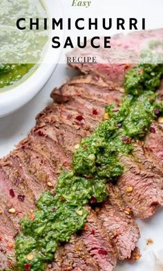 grilled steak with pesto sauce on top and the title overlay reads easy chimichurri sauce recipe